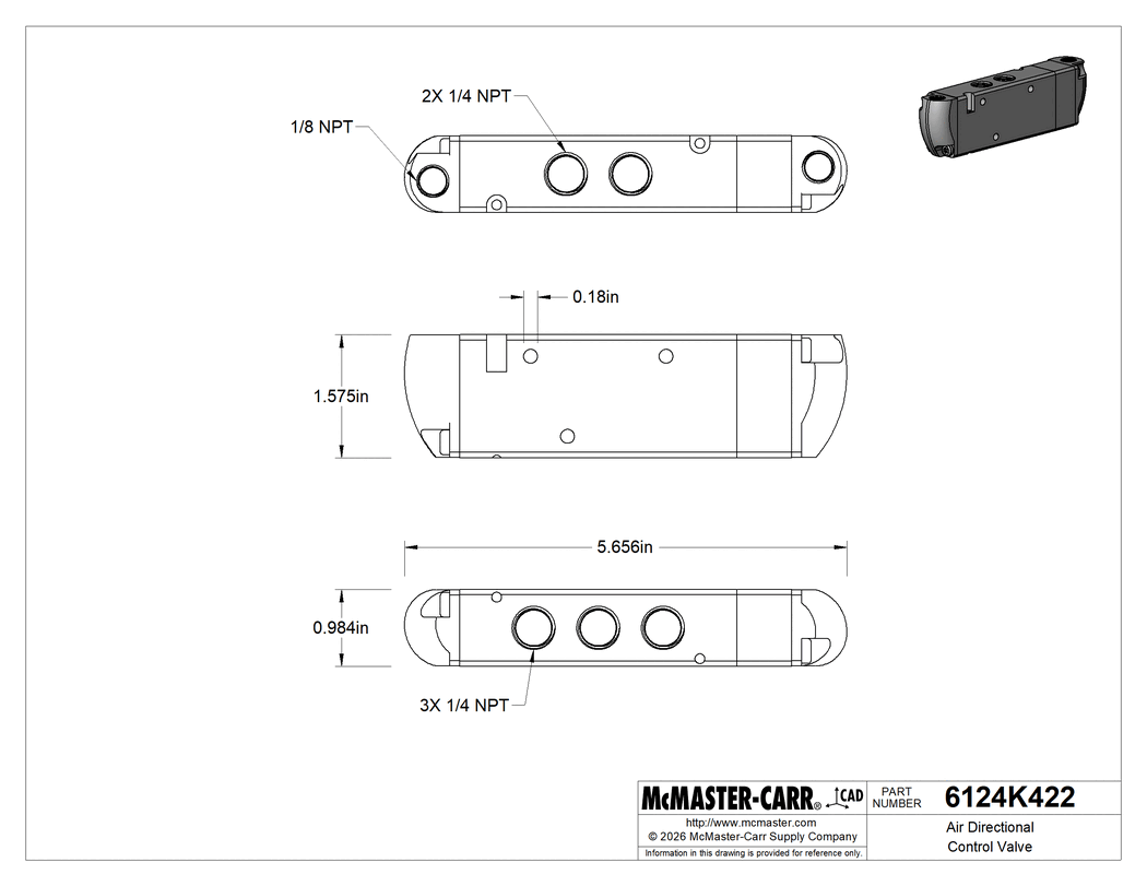 Technical Drawing of Air Directional Control Valve, with Full Shut-Off, Air-Operated, 1/4 NPT.